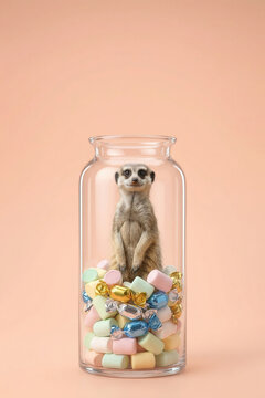Meerkat standing in glass jar filled with pastel candy