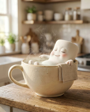 Marshmallow character relaxing in steaming mug on kitchen table