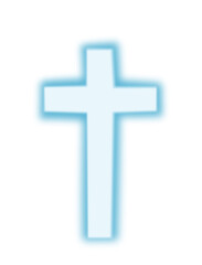 Obraz premium Ethereal light blue Christian cross symbol with a soft airbrush glow effect. Minimalist spiritual icon featuring a gentle neon-like radiance