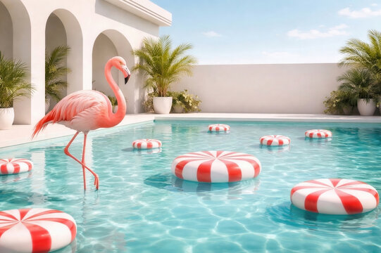 Flamingo in pool with striped swim rings in sunny courtyard