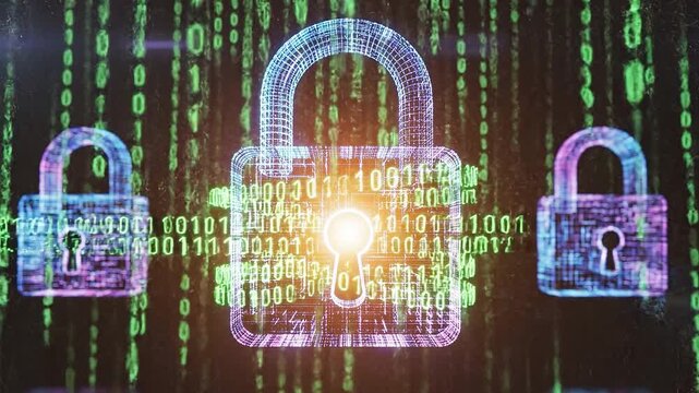Digital Fortress: A symbolic representation of digital security and data protection, featuring glowing padlocks and binary code, highlighting the shield against cyber threats. 