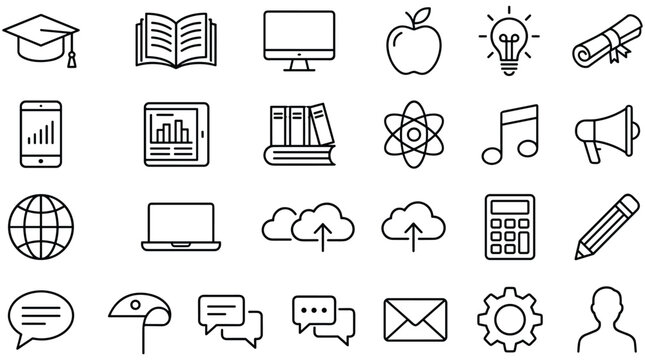 Collection of education and technology icons on white background for learning and business concepts