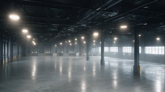 Empty large warehouse interior featuring loading dock doors, concrete floor reflecting overhead lights, and high windows providing natural light, simulating a modern distribution center space