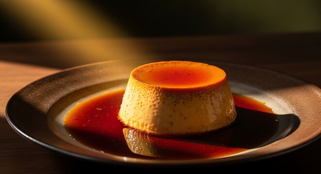 Classic creme caramel flan with golden brown sauce on ceramic plate dramatic lighting.