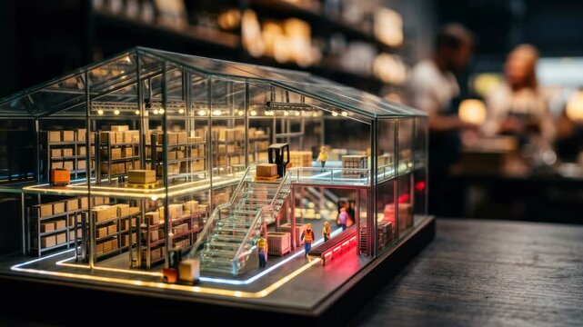Small business miniature warehouse model with workers, illuminated shelving and detailed model scene