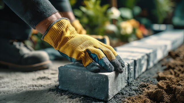 A worker laying paving stones in a house courtyard on a sand foundation