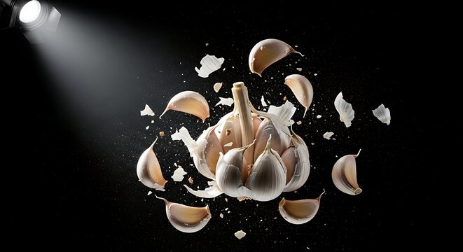 Explosion of garlic cloves and paper wrappers in dramatic spotlight on black background.
