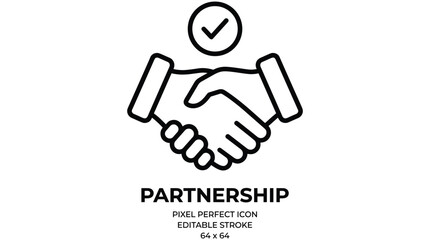 Partnership icon on white background with handshake and checkmark © jannat Stock