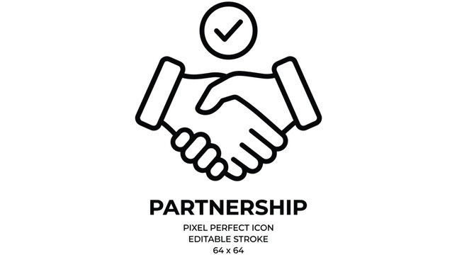 Partnership icon on white background with handshake and checkmark