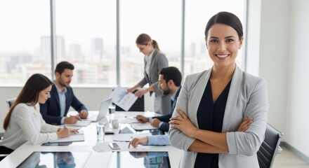 Obraz premium Professional woman leading a team meeting in a modern office setting