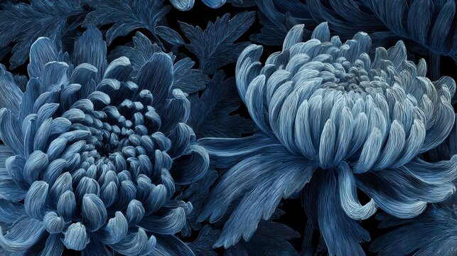 青色の菊の花、波打つ花弁と抽象的な背景画像