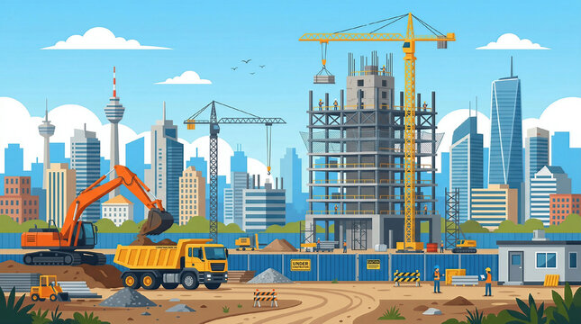 illustration of a construction site with buildings and cranes. A skyscraper under construction. An excavator and a dump truck