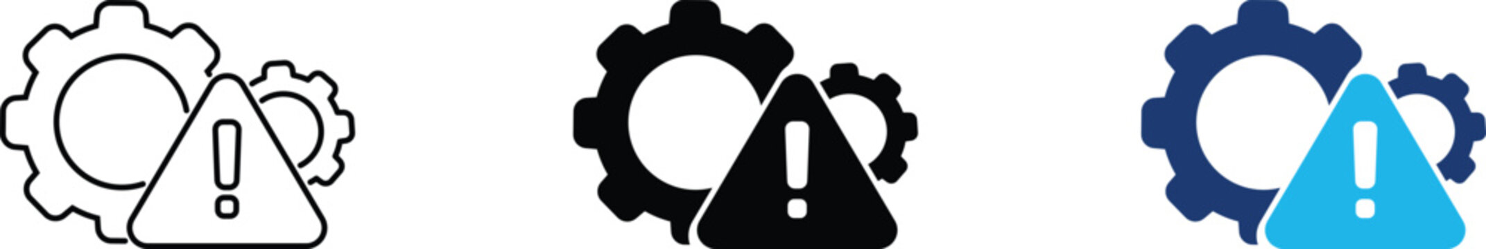 System error icon showing gears with warning triangle for professional technical maintenance. Professional illustration for software troubleshooting, and industrial equipment repair.