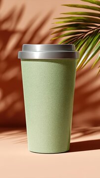 Green cup with lid and plant a green ceramic cup featuring lid and a small green plant perfect for desk or home decor