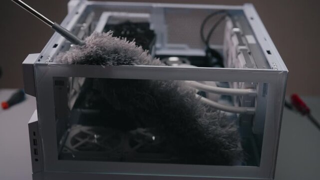 Closeup maintenance of personal computer, technician using gray duster to remove dust from internal components, ensuring proper airflow and preventing overheating of system. Shooting in slow motion.