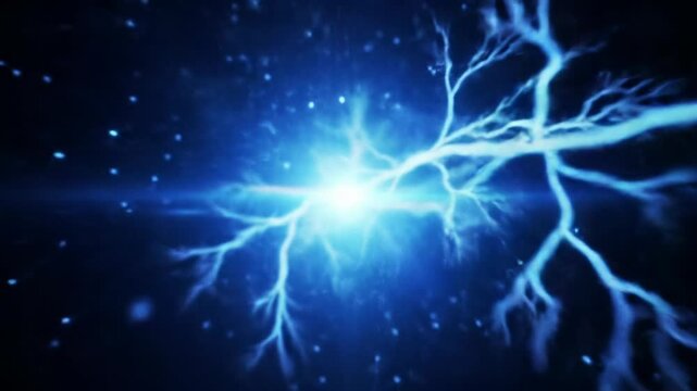 Electric blue lightning arcs, fractals, glowing particles explode in an abstract midnight blue void. Wide-angle dolly video, intense emissive lighting, lens flares. Powerful futuristic VFX