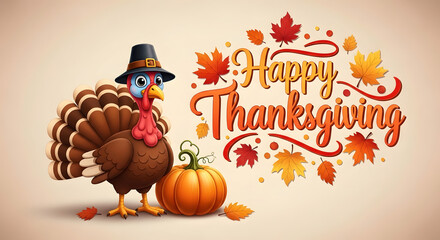 Naklejka premium Happy thanksgiving cartoon turkey with pumpkin and leaves