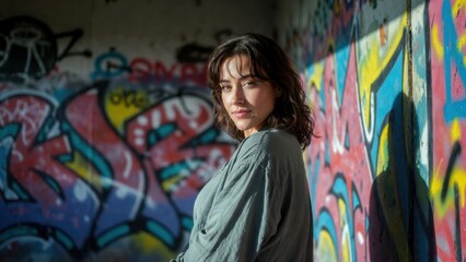 Fototapeta premium Young woman standing against graffiti wall in urban alley