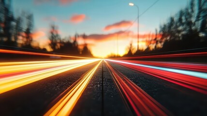 Obraz premium Blurred train track at sunset abstract view of a train track blurred with motion set against a vibrant sunset sky