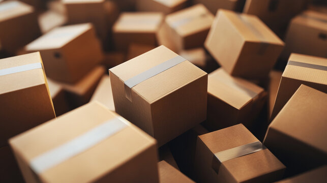 Stacked brown express carton boxes and tape - Generative AI