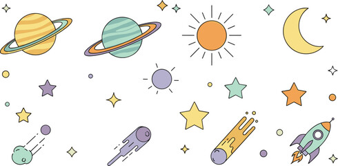 Outer Space and Astronomy Vector Set Featuring Saturn Uranus the Sun Crescent Moon Rocket Ship and Comets for Educational and Sci-Fi Designs © sojibislam
