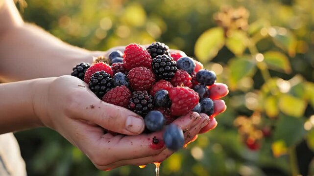 Hands holding fresh raspberries blackberries and blueberries in farm field