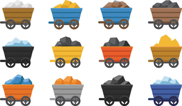 Mining carts with minerals collection, coal gold ore transport wagons set, industry resource extraction concept, flat vector illustration