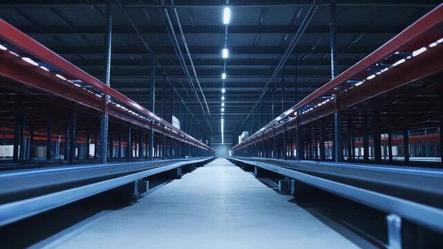 Spacious modern warehouse facility featuring parallel rows of empty red and blue high rack shelving extending into the distance, with one pallet visible