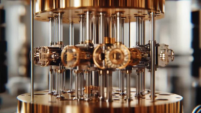 Quantum computer hardware demonstrating advancements in computing technology and engineering, featuring intricate metallic components and electrical connections for high performance data processing