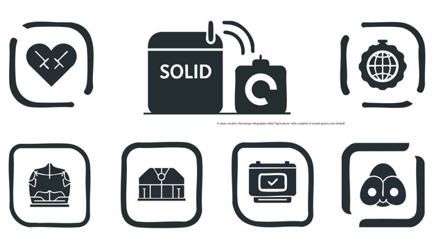 Vector icons of tractor, field, crops, irrigation, farming. Set of solid vector icon on agriculture theme