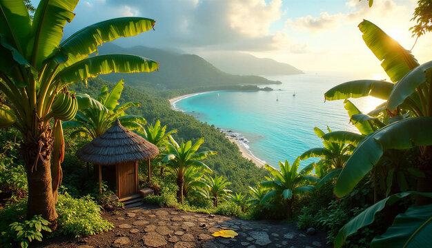 tropical island with banana trees