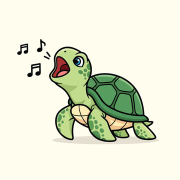 A cartoon sea turtle with an open mouth, surrounded by musical notes, suggesting it is singing. It has light green skin with a patterned shell