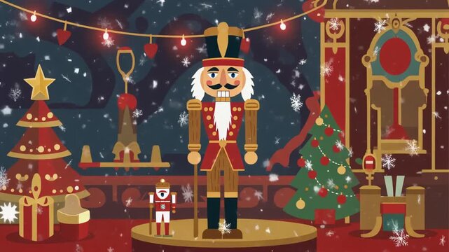 Nutcracker Doll in a Festive Animated Christmas Scene with Falling Snowflakes and Holiday Decorations