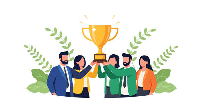 Modern flat vector illustration of business team celebrating success holding large golden trophy, corporate achievement concept