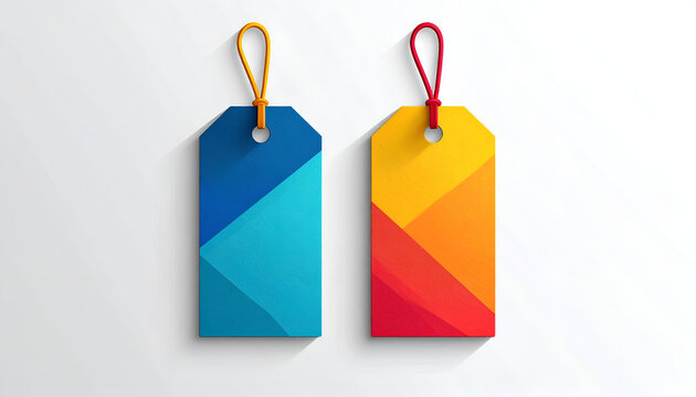 Colorful sale tag design with angled graphic style and hanging string on white background