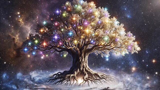 Enchanted Tree in a Cosmic Sky - A mystical tree with wide-spreading branches and a strong trunk stands majestically against a backdrop of the starry night sky.