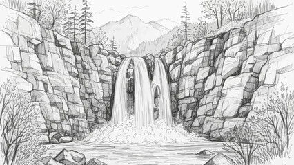 Fototapeta premium Hand-drawn Waterfall Cascading Down Rocky Cliffs into a Serene Pool