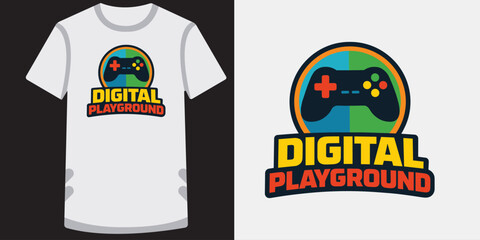 Digital playground t-shirt design with a gamepad controller icon for gamers and esports. © jubayer95