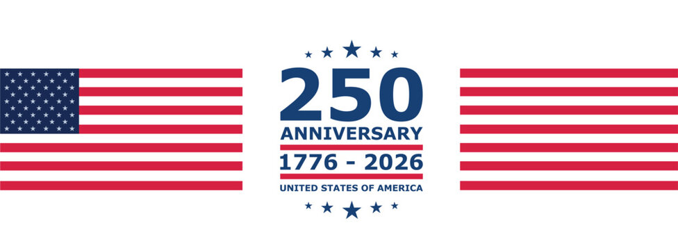 USA 250 anniversary banner with flag elements. Patriotic design for Independence Day promotions, headers and celebration graphics