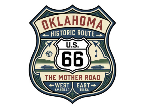 Retro American Highway 66 shield sign vector illustration for Oklahoma's historic Mother Road travel concept.