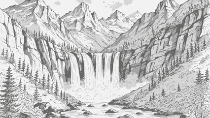Fototapeta premium Majestic Waterfall Cascading Down Rocky Cliffs in Detailed Black and White Illustration