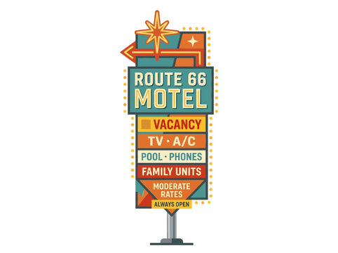 Classic American roadside motel sign flat vector illustration, retro design, vacancy, and amenities for travelers.