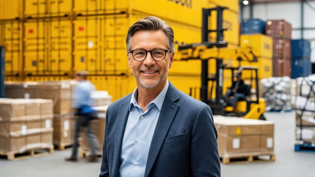 Mature Caucasian male logistics director smiling in a distribution center with shipping containers