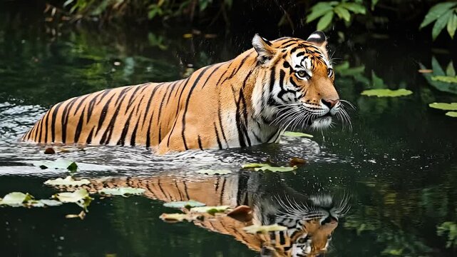 Tracking shot of tiger wading through jungle pond with reflection and lily pads