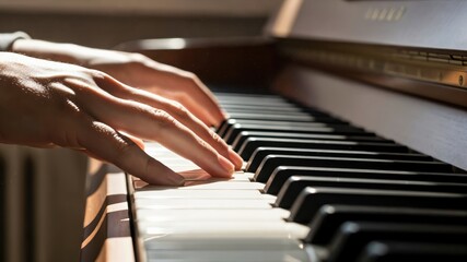 Fototapeta premium Young woman hands playing piano keys in warm sunlight for mindful music therapy practice
