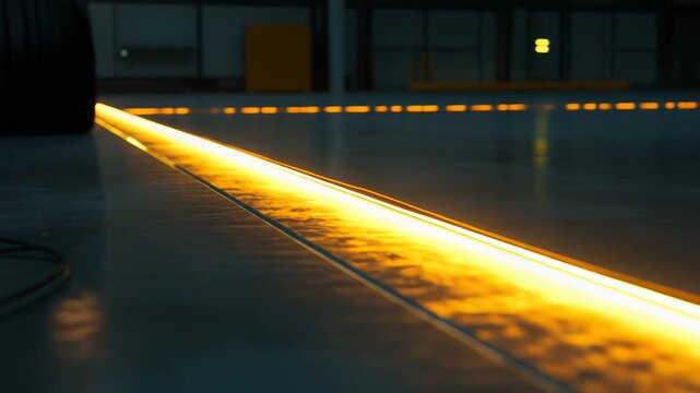 Bright golden light spills along a wet concrete floor, casting a vivid reflection and guiding a minimalist, moody path through an empty industrial corridor