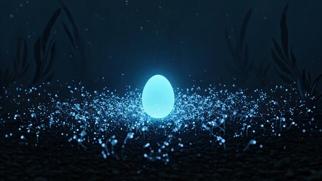 Glowing Bioluminescent Alien Egg in Deep Sea Underwater Fantasy Environment