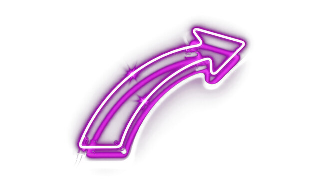 Bright purple pink curve neon glowing arrow curved direction parabolic pointer symbol and modern light sign on transparent backgroundon black background