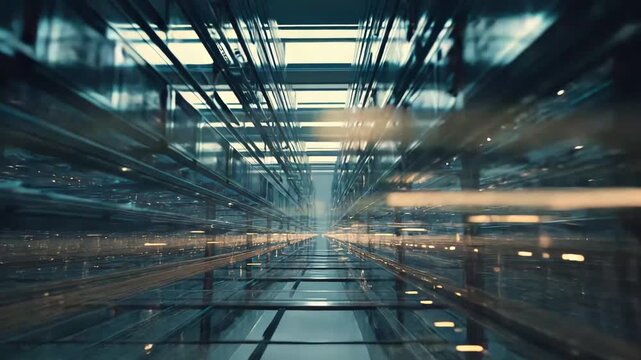 Futuristic digital corridor of glowing data streams and reflective glass, suggesting high speed information flow, complex network architecture and advanced computing infrastructure
