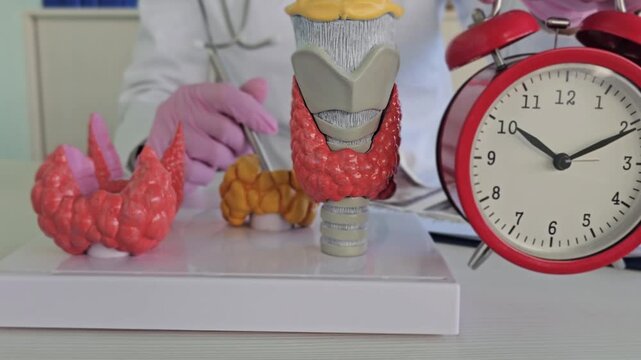 Doctor explains thyroid anatomy and its functions with 3D model while checking time in clinic